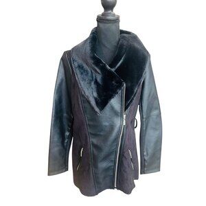 Baccini Black Womens S Faux Leather Suede Fur Asymmetrical Zip Coat Jacket City